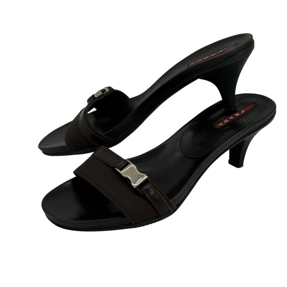 Prada Y2K Vintage Chocolate Brown Black Kitten Heel Mules Sz EU 38 - Picture 2 of 16